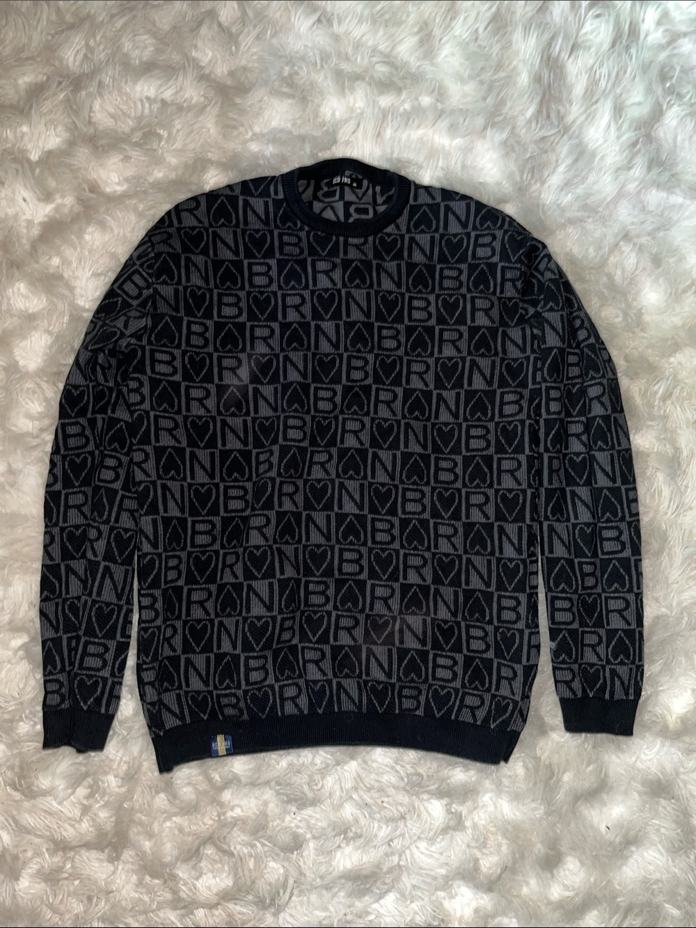 Men's Black & Gray Patterned Crewneck Sweater - Branded Jacquard Knit